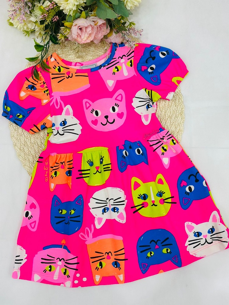 Vestido Pink De Gatinhos Com Manga Bufante