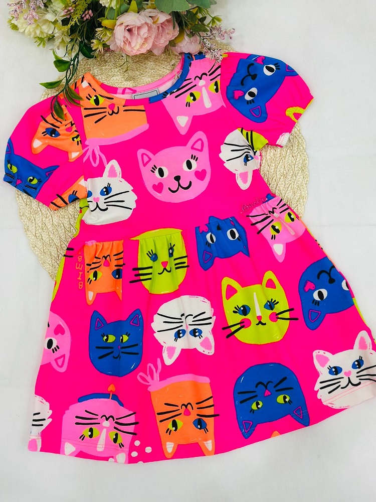 Vestido Pink De Gatinhos Com Manga Bufante