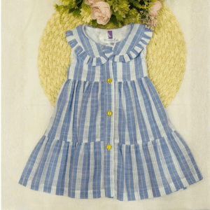 Vestido Infantil Azul Listrado Com Babado Na Gola