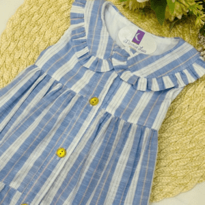 Vestido Infantil Azul Listrado Com Babado Na Gola