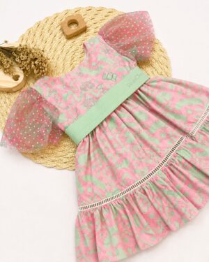 Vestido Bebê Estampado Com Manga Em Tule Infantil