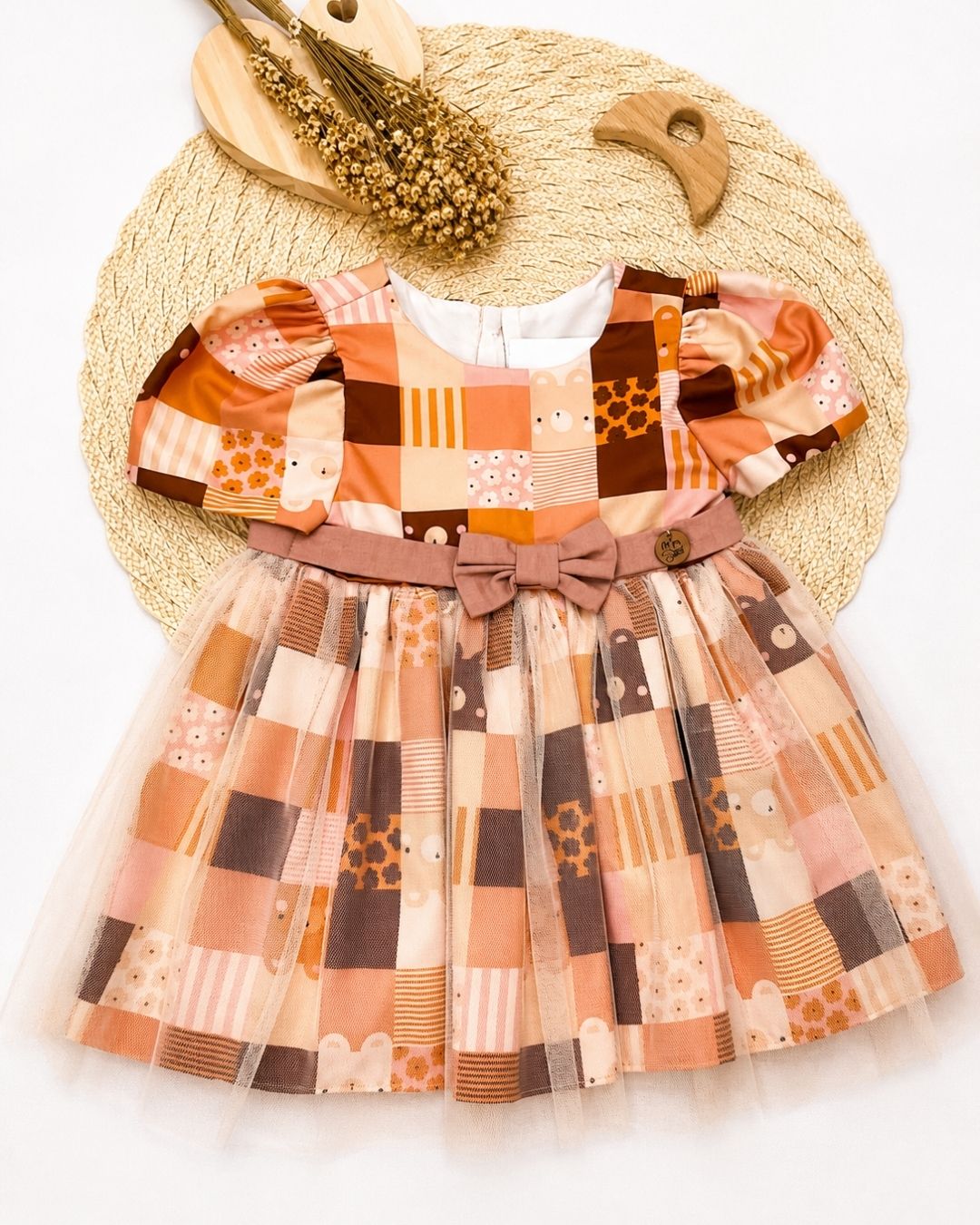 Vestido Bebê Ursinhas Patchwork Com Tule
