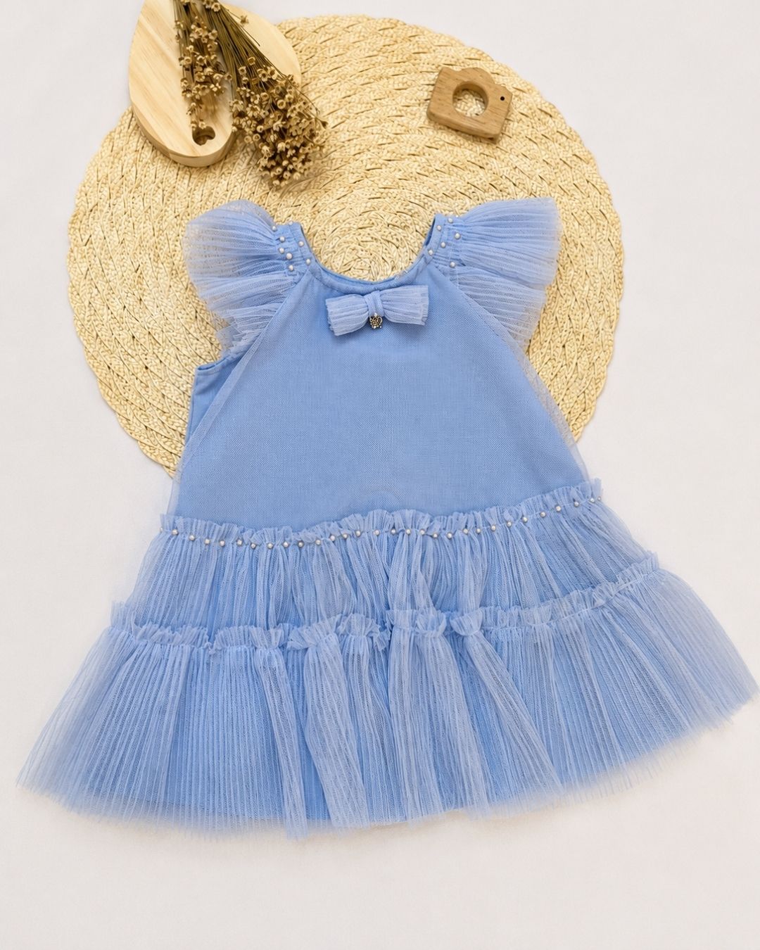 Vestido Bebê Com Tule Pérolas E Laço
