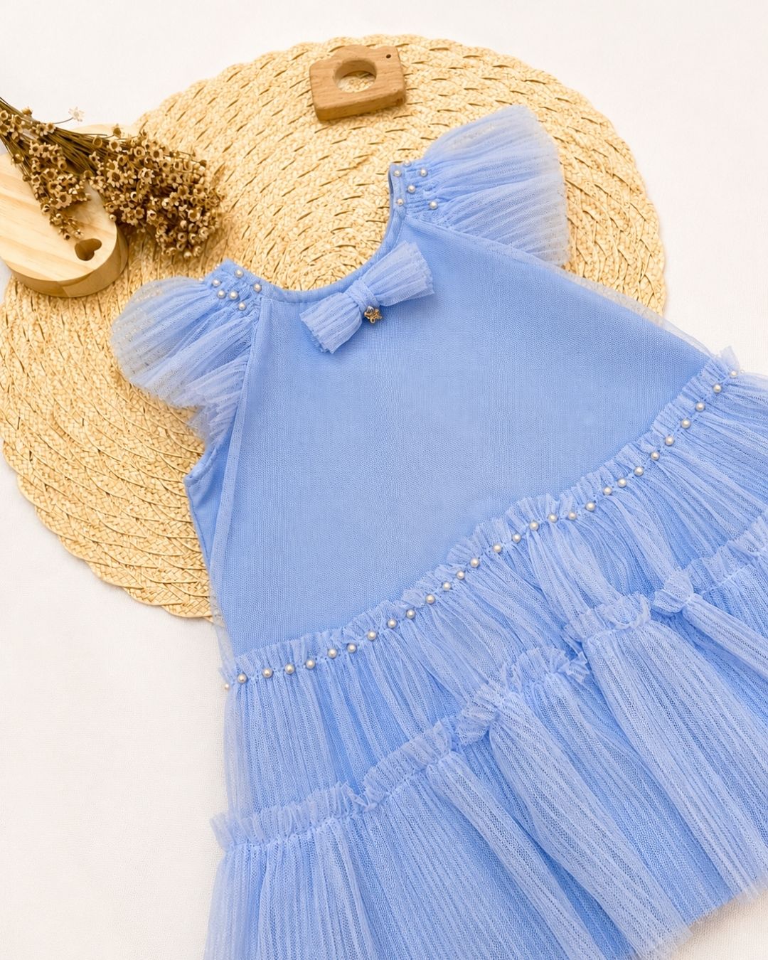 Vestido Bebê Com Tule Pérolas E Laço