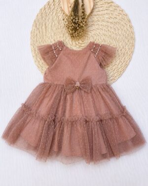 Vestido De Festa Bebê Bege Com Tule Infantil