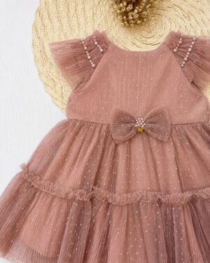 Vestido De Festa Bebê Bege Com Tule Infantil