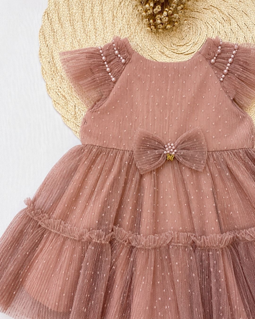 Vestido De Festa Bebê Bege Com Tule