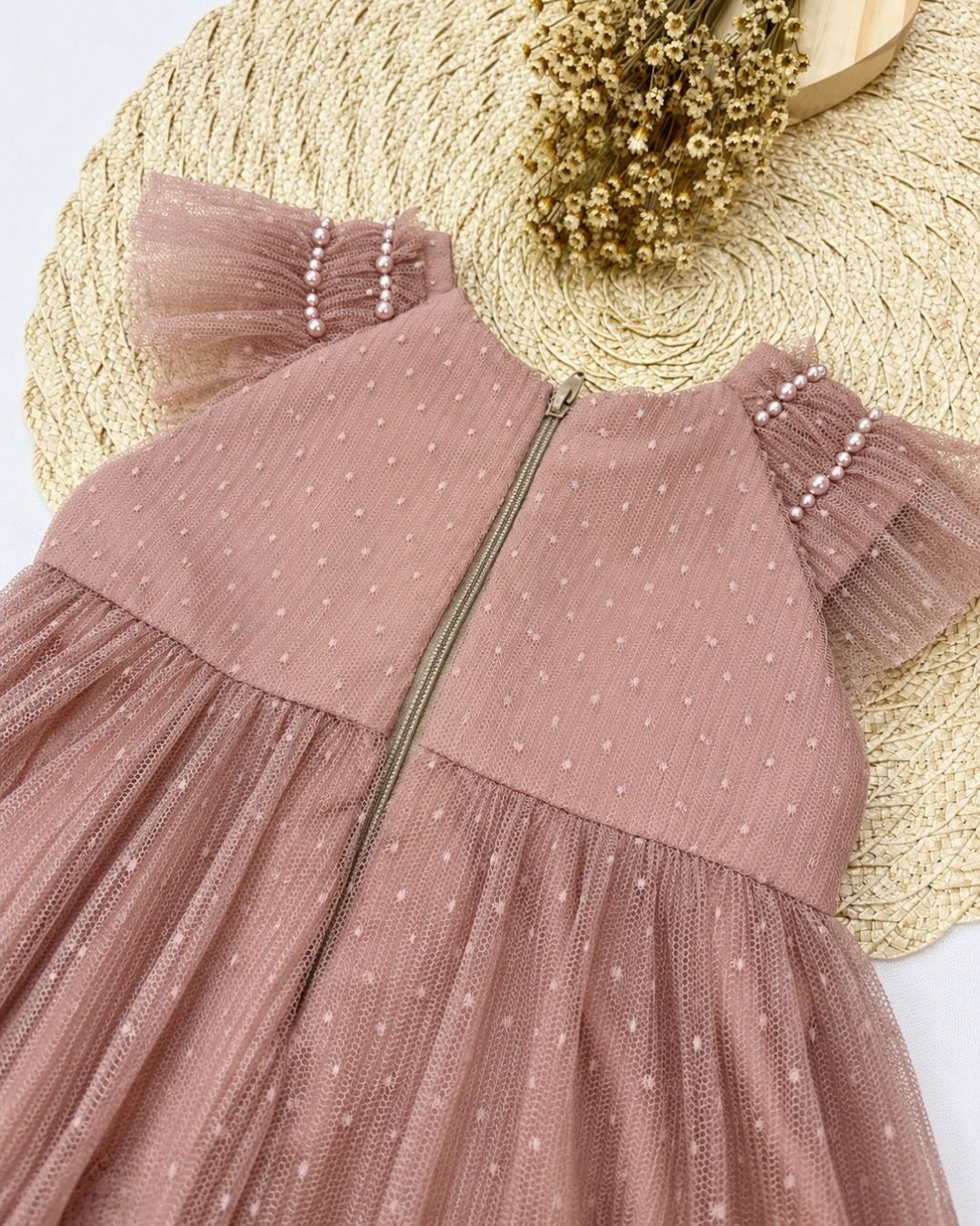 Vestido De Festa Bebê Bege Com Tule
