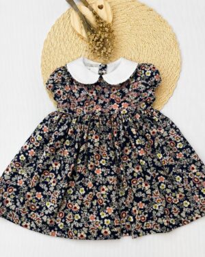 Vestido Bebê Floral Marinho Com Gola Branca Infantil