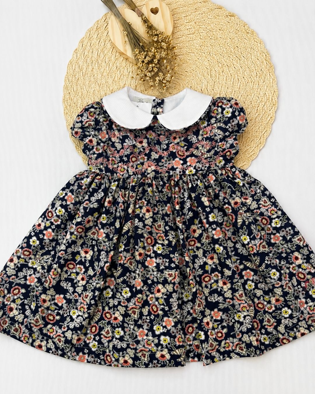 Vestido Bebê Floral Marinho Com Gola Branca