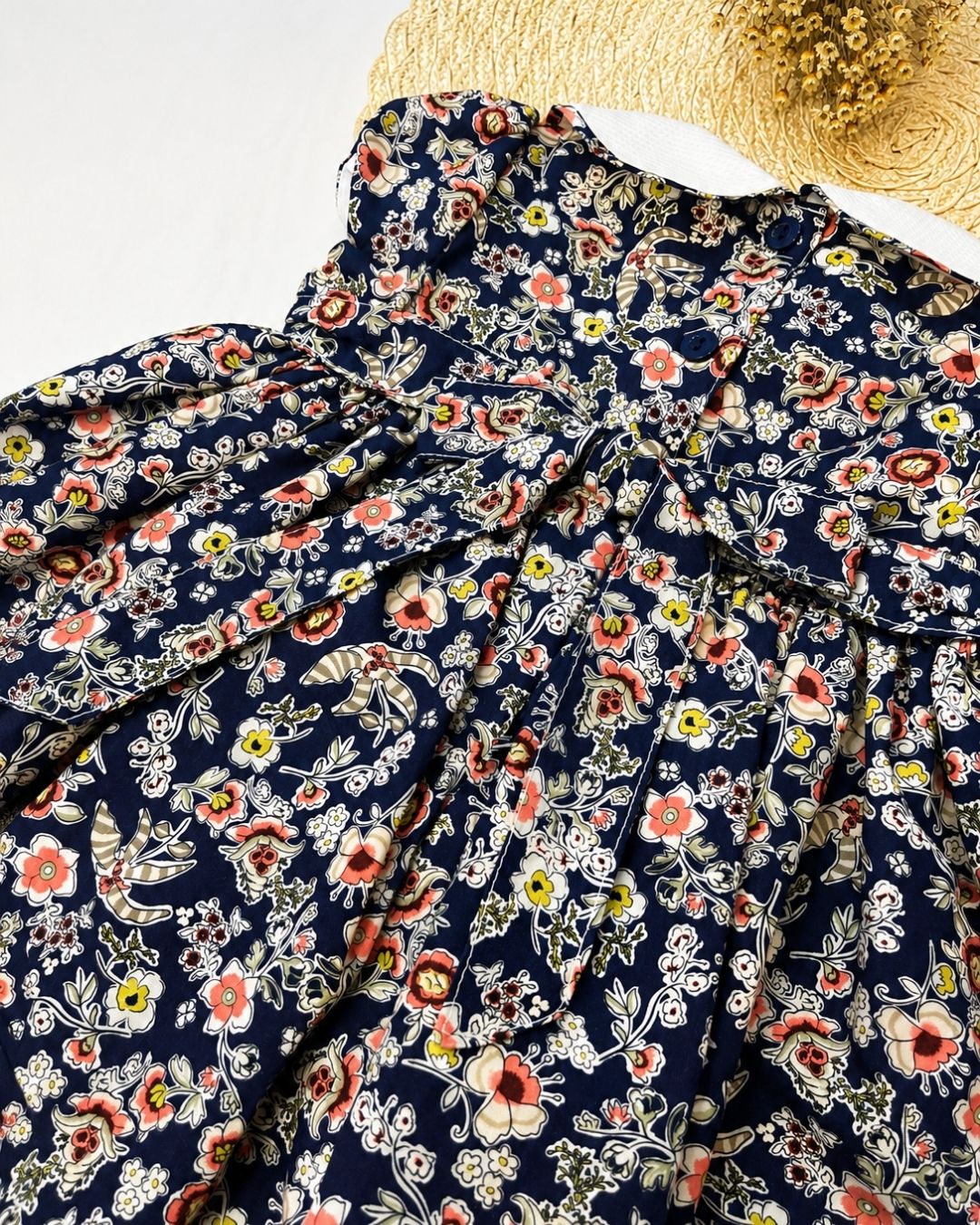 Vestido Bebê Floral Marinho Com Gola Branca