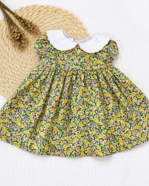 Vestido Bebê Floral Amarelo Gola Peter Pan Infantil