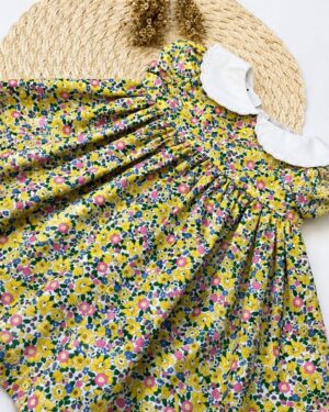 Vestido Bebê Floral Amarelo Gola Peter Pan Infantil