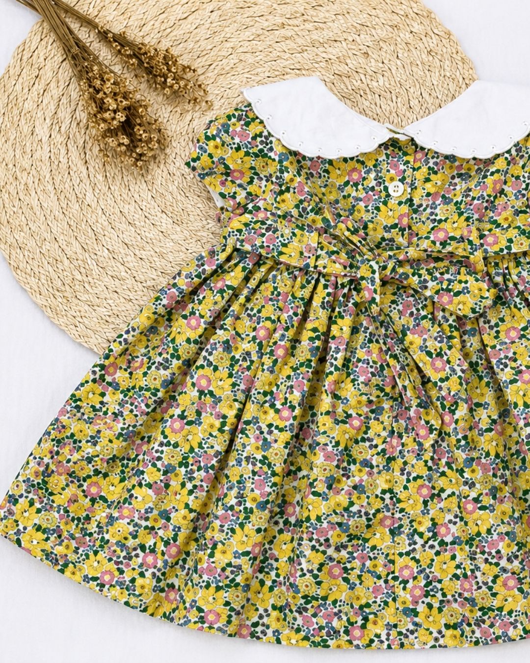 Vestido Bebê Floral Amarelo Gola Peter Pan