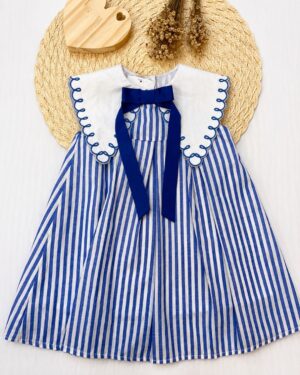 Vestido Bebê Listrado Azul Gola Bordada Infantil