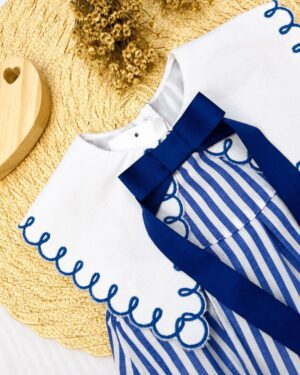 Vestido Bebê Listrado Azul Gola Bordada Infantil