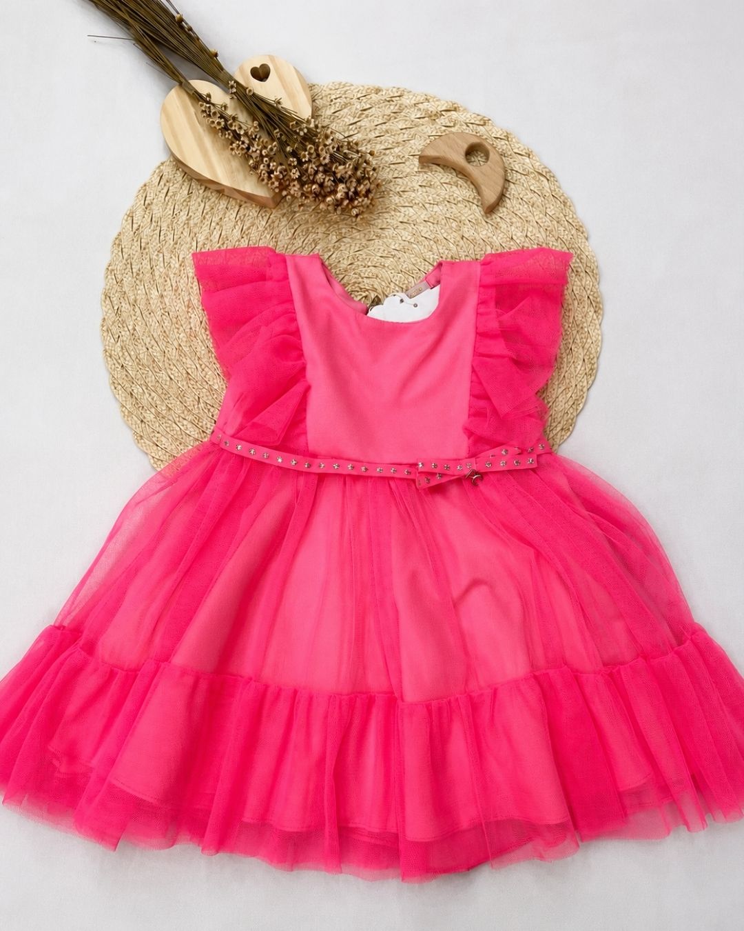 Vestido Bebê Tule Neon Pink Com Babados