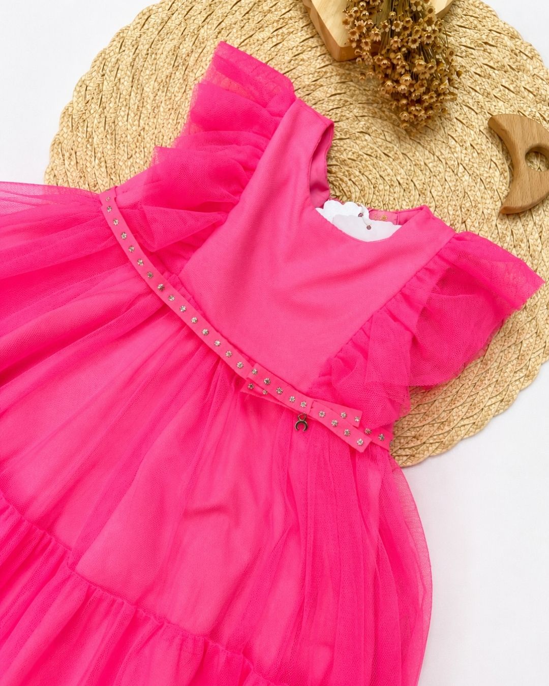 Vestido Bebê Tule Neon Pink Com Babados
