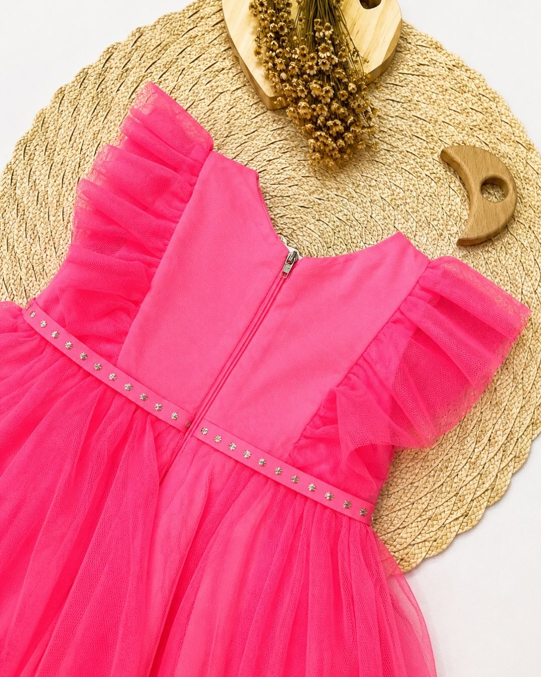 Vestido Bebê Tule Neon Pink Com Babados