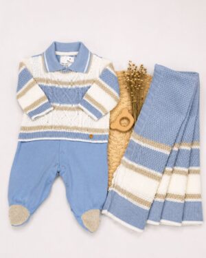 Saida Maternidade Azul Em Tricot Com Manta Infantil