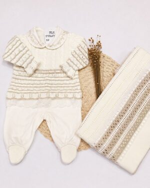Saida Maternidade Tricot Off E Bege C/ Manta Infantil