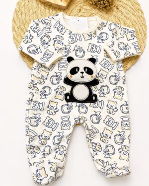 Macacão Longo Bebê Estampado Aplique Panda Infantil