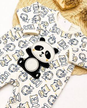 Macacão Longo Bebê Estampado Aplique Panda Infantil