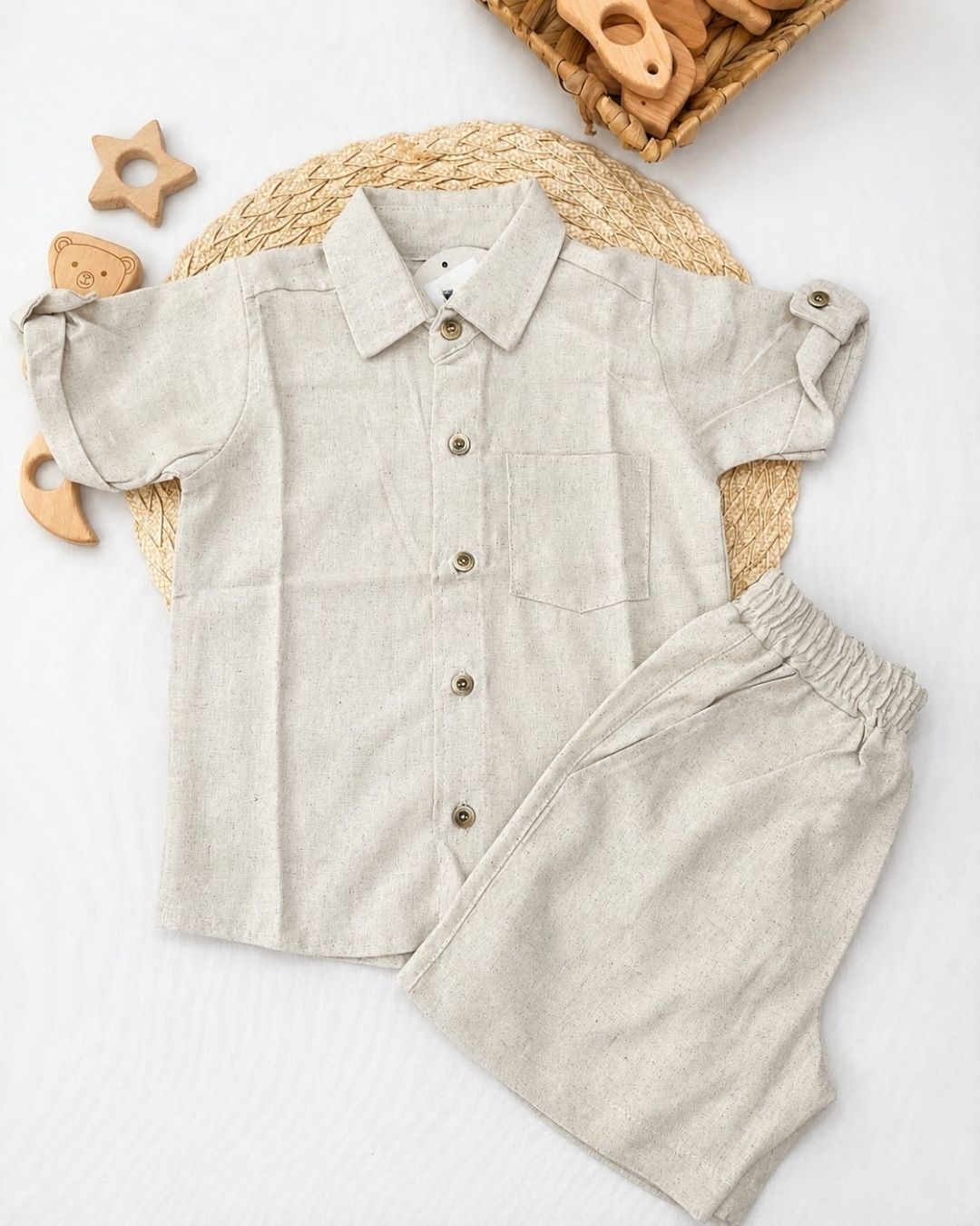 Conjunto Infantil Camisa E Shorts Bege Linho