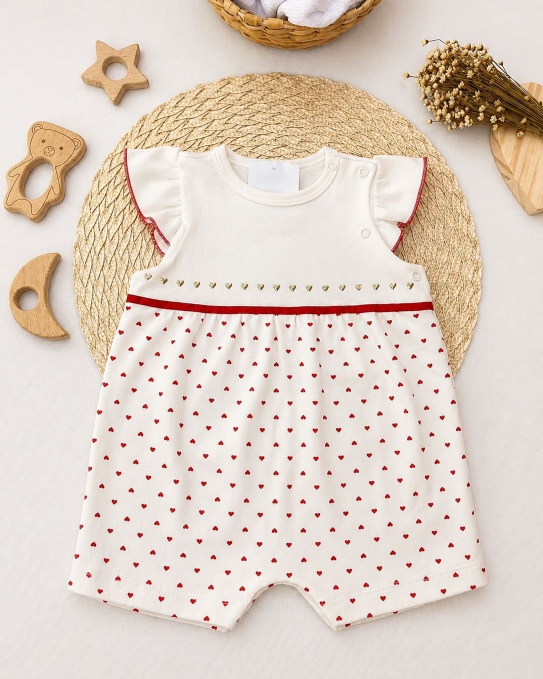 Macacão Romper Bebê Off White E Corações