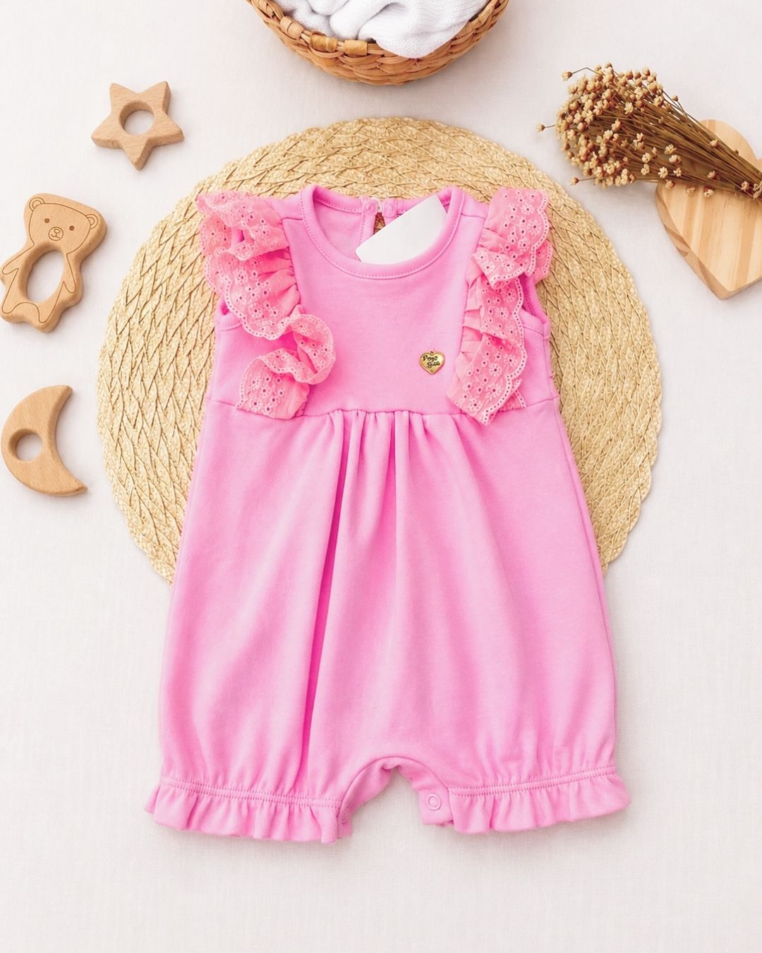Macacão Romper Bebê Rosa Com Babados