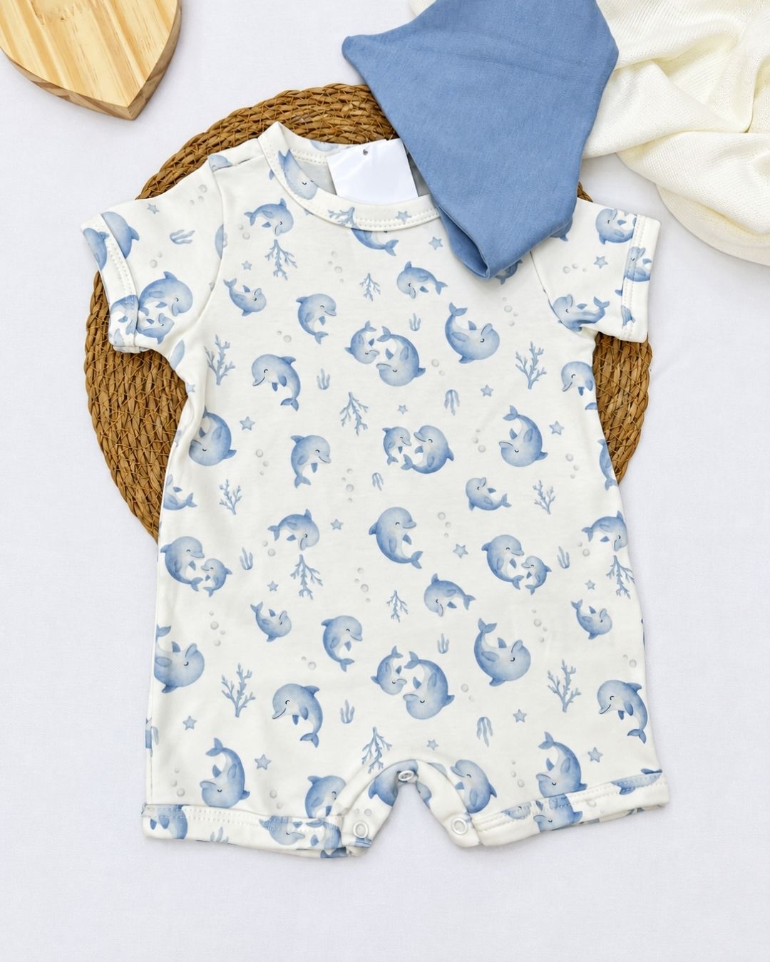 Macacão Romper Estampa Golfinhos + Bandana