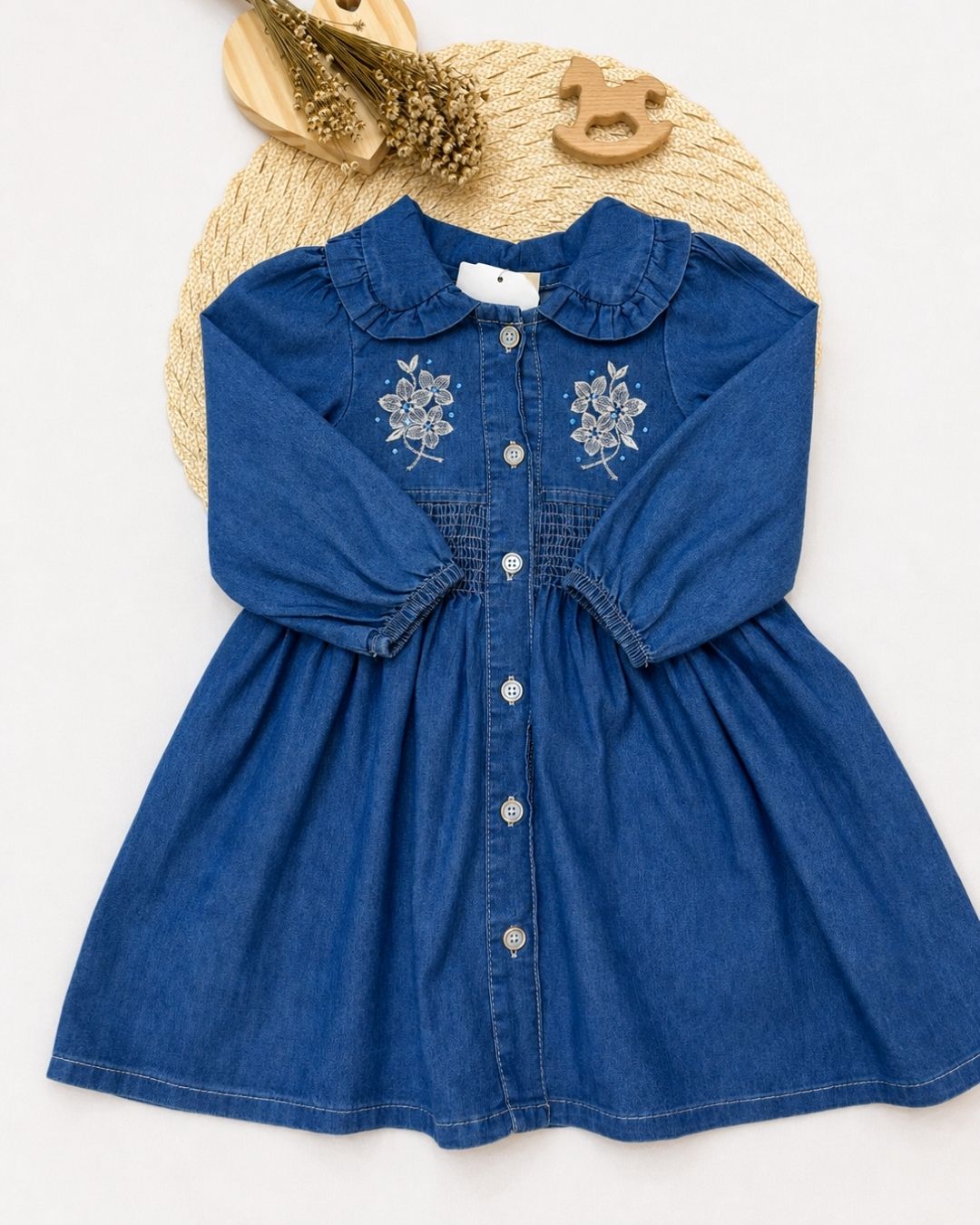 Vestido Infantil Jeans Bordado Com Babado