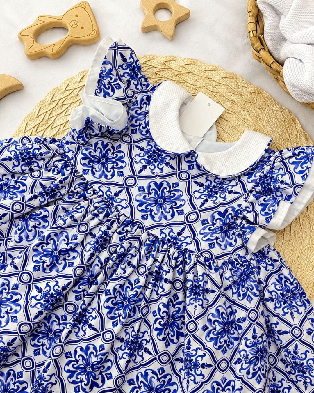 Vestido Infantil Azul E Branco Azulejo